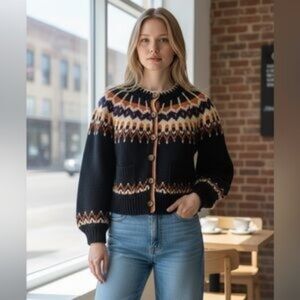 Doen Hue Balloon Sleeve Wool Fair Isle Cardigan Sweater XL